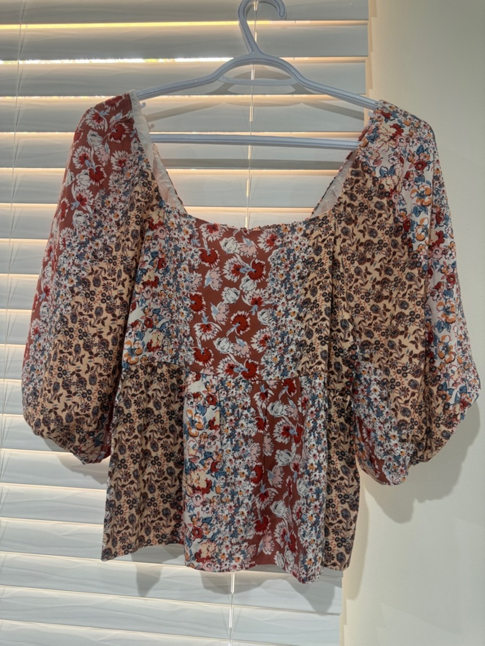 Patchwork Floral Peasant Blouse in Rust and Cream